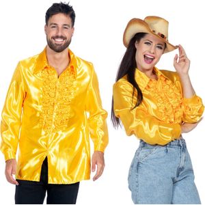 Wilbers & Wilbers - Jaren 80 & 90 Kostuum - Knallend Gele Foute Ruchesblouse Satijn Disco Party Man - Geel - Maat 50 - Carnavalskleding - Verkleedkleding