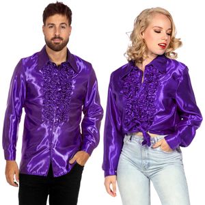 Jaren 80 & 90 Kostuum | Paarse Ruchesblouse Satijn Foute Disco | Maat 50 | Carnaval kostuum | Verkleedkleding