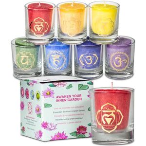 Votief geurkaarsen 'Chakra' in geschenkdoos, coconut wax blend, 7 stuks