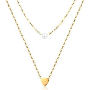 Dubbele ketting Edelstaal Verguld Goudkleurig Heart Pearl