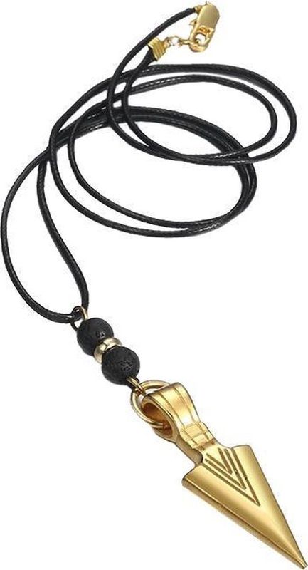 Viking - Pijl Ketting - Goudkleurig - Waxkoord - Lavasteen Kralen
