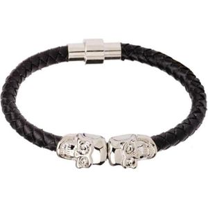 LGT Jewels Leren armband Edelstaal Twin Skull Zwart Zilverkleurig