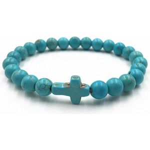 Memphis Kralen Armband met Natuursteen Kruis - Lichtblauw