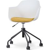 Nolon Nout-Liz Bureaustoel Wit met Okergeel Zitkussen - met Armleuning - Kunststof - Vast Zitkussen - Verstelbaar - Wieltjes - Zwart Onderstel