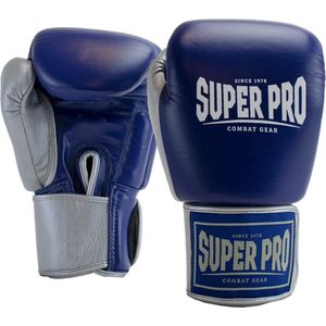 Super Pro Combat Gear Enforcer Lederen (Thai)Bokshandschoenen - Blauw/Zilver/Wit - 14 oz