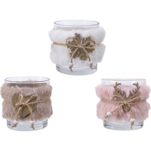 Decoris Theelichthouder glas met bont en kerstfiguur van hout hert, ster of sneeuwvlok- H7,5 cm dia 7 cm verschillende Glas Decoris Waxinelichtjeshouder