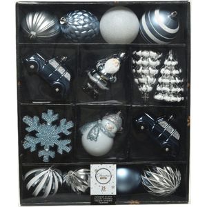 25x stuks kersthangers/kerstballen lichtblauw/wit - Onbreekbare plastic kerstboomversiering kerstornamenten