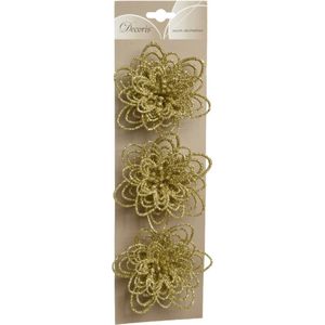 3x stuks decoratie bloemen goud glitter op clip 11 cm - Decoratiebloemen/kerstboomversiering/kerstversiering