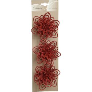 3x stuks decoratie bloemen rood glitter op clip 11 cm - Decoratiebloemen/kerstboomversiering/kerstversiering