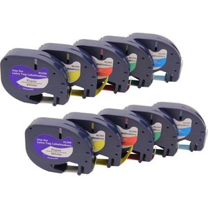 KATRIZ® huismerk label tape voor Dymo | 2x 91200(Zwart op Wit) + 2x 91203(Zwart op Rood) + 2x 91205(Zwart op Blauw) + 2x 91202(Zwart op Geel) + 2x 91204(Zwart op Groen) | 12mm*4m | 10 stuks
