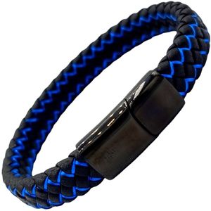 Rhylane – Gevlochten Heren Armband - Leer & Staal – Zwart / Blauw – Maat XL/XXL (23 cm)