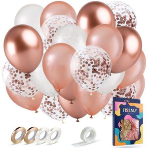 Fissaly 40 stuks Rose Goud, Wit & Chrome Helium Ballonnen met Lint – Verjaardag Versiering Decoratie – Papieren Confetti – Latex