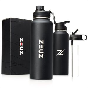 ZEUZ Premium RVS Thermosfles & Drinkfles – Waterfles met Rietje – Isoleerfles - BPA Vrij – 1200 ml/ 1, 2 Liter- Mat Zwart