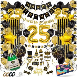 Fissaly 25 Jaar Verjaardag Decoratie Versiering - Ballonnen – Jubileum Man & Vrouw - Zwart en Goud