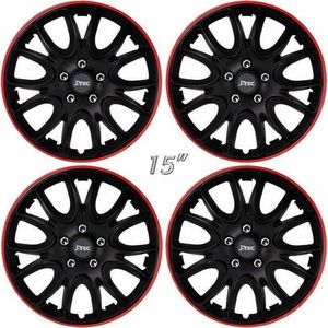 Wieldoppen HERO-GTR 15 inch satijn zwart-rood/chromen wielmoerkapjes. Set a 4 stuks in doos (a.u.b. tekst lezen!)
