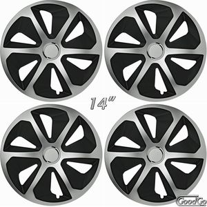 Wieldoppen ROCKY-SB 14 inch zilver/zwart met chroom ring. Set a 4 stuks (CONTROLEER UW BANDENMAAT en lees a.u.b. de onderstaande, uitgebreide tekst!)