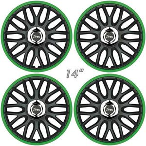 Wieldoppen ORDEN-BGR 14 inch satijn-zwart/groene rand (set a 4 stuks in doos)