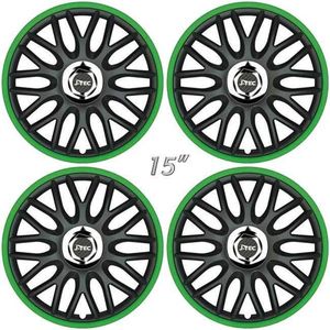 Wieldoppen ORDEN-BGR 15 inch satijn-zwart/groene rand (set a 4 stuks in doos)
