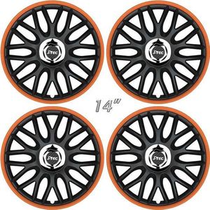 Wieldoppen ORDEN-BOR 14 inch satijn-zwart/oranje rand (set a 4 stuks in doos)