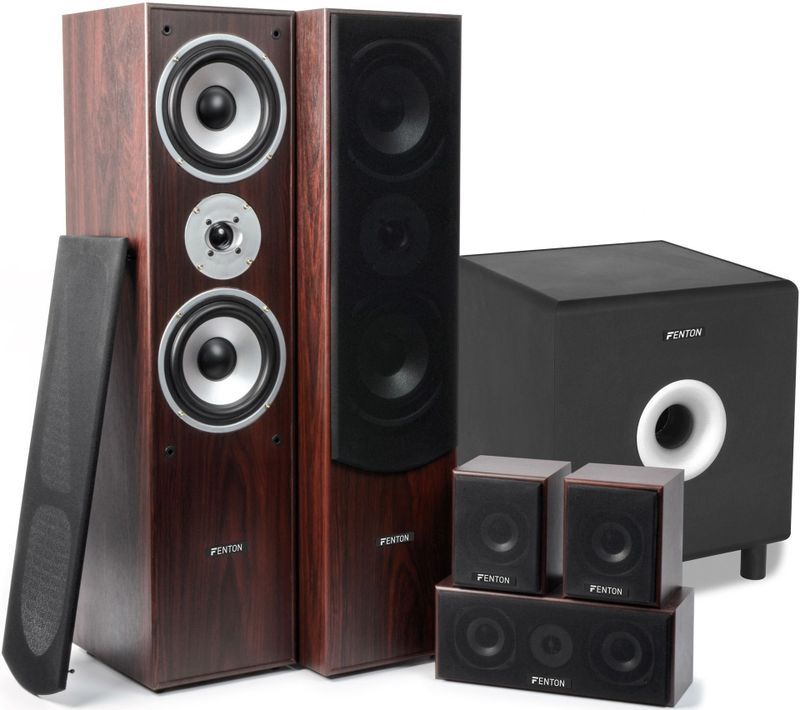 Fenton 5.1 Home Cinema Surround Walnoot Speakerset 1300W met 10" Subwoofer