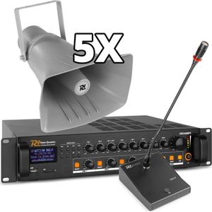 100V omroepinstallatie met 5 speakers, Bluetooth en mp3 speler voor sportveld, fabriekshal, etc. 200W