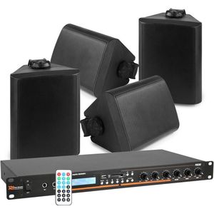 Horeca Geluidsinstallatie met Bluetooth, mp3 speler, 4 Weerbestendige Speakers en Kabels - Complete set!
