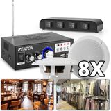 Geluidsinstallatie met 8 plafondspeakers, 4-zone switch, versterker met o.a. Bluetooth en kabels voor restaurant, winkel, sauna, praktijk, etc.