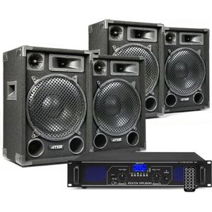 DJ geluidsinstallatie met Bluetooth - 4x MAX12 DJ luidsprekers + Bluetooth versterker combinatie - 2800W
