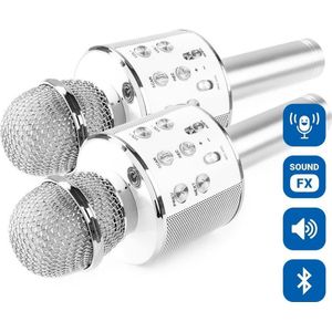 MAX KM01 Karaoke Microfoon Bluetooth (2x) - Speaker, Echo & Stemvervormer - Zilver