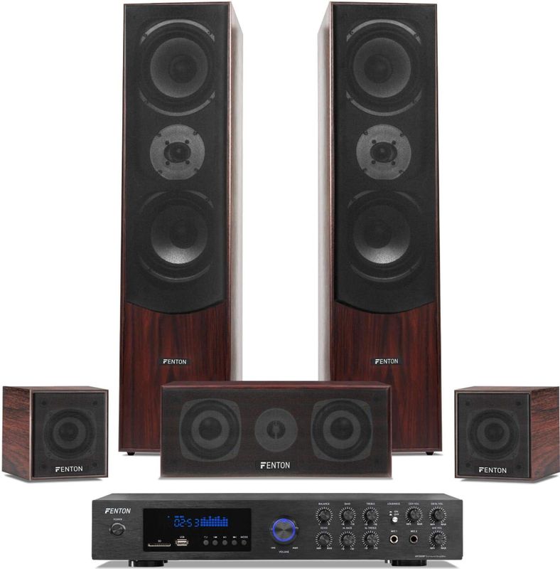 Surround set home cinema - Fenton 5.0 set met versterker en 5 speakers - Bluetooth / mp3 - Walnoot