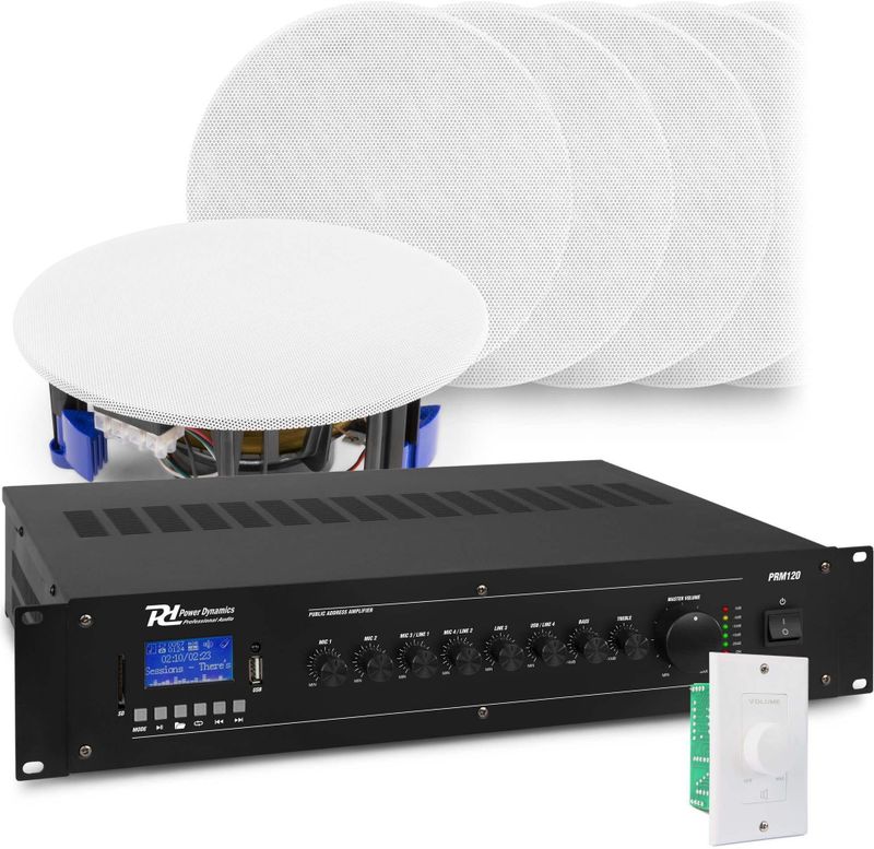 Power Dynamics - Geluidsinstallatie - Bluetooth - 12x Witte Inbouw Speakers - 100V Versterker