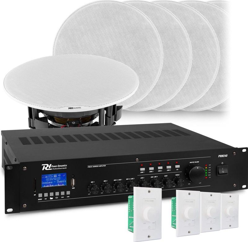 Geluidsinstallatie met Bluetooth, 4 zones, 8x inbouw speaker (5'') en 240W 100V versterker