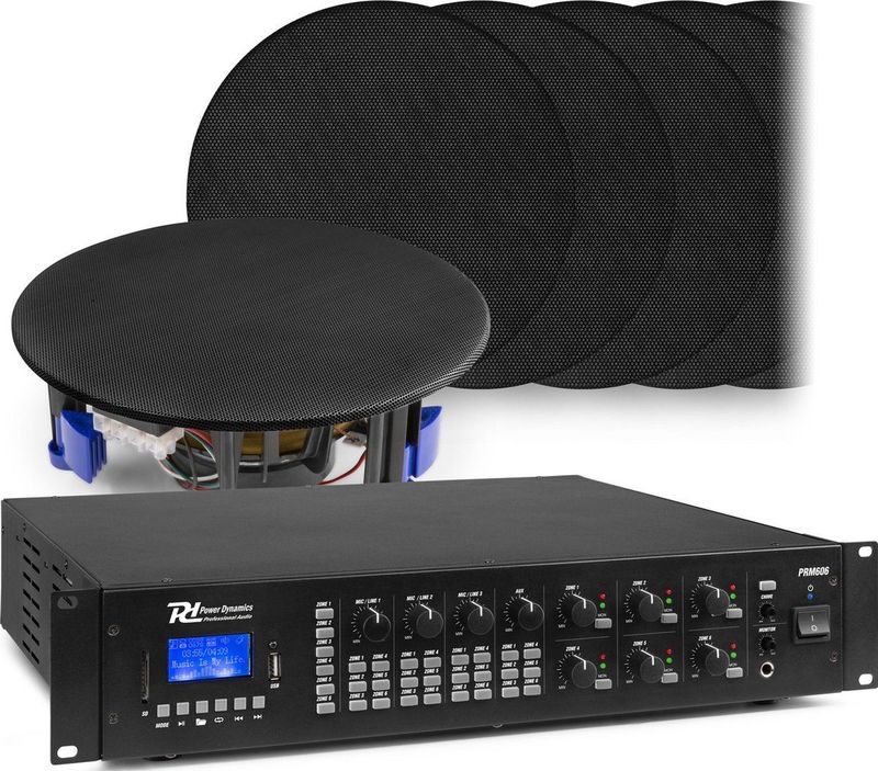 Power Dynamics - 6-Zone Bluetooth Geluidsinstallatie - 12 Zwarte Plafondspeakers - 360W Versterker