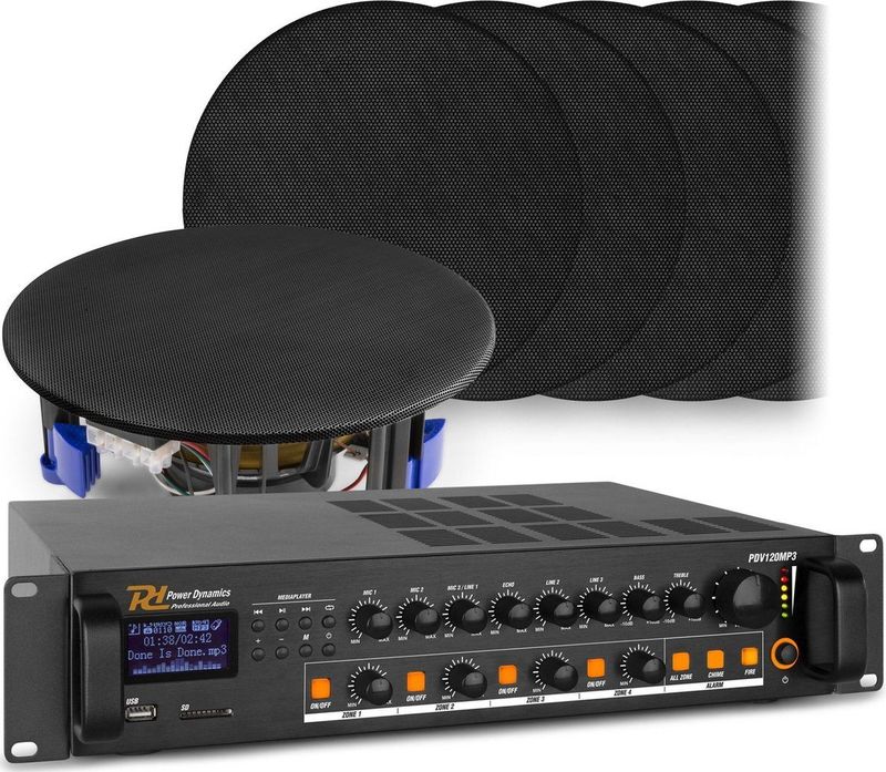 4-Zone Geluidsinstallatie met Bluetooth en 12 Zwarte Plafondspeakers (6'') - 100V
