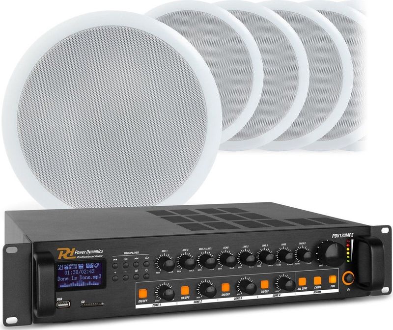 Power Dynamics Geluidsinstallatie 100V met 120W Versterker en 8 Plafondspeakers