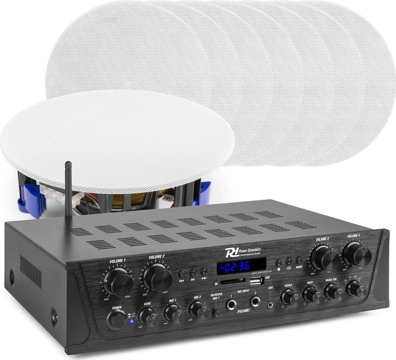 Geluidsinstallatie met Bluetooth - Power Dynamics - PV240BT versterker met 8x NCSP5 plafond speaker