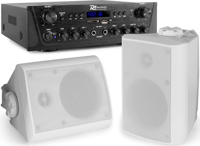 Geluidsinstallatie met Bluetooth - PV220BT 2-zone versterker audio + 2 BGO40 witte 4'' speakers