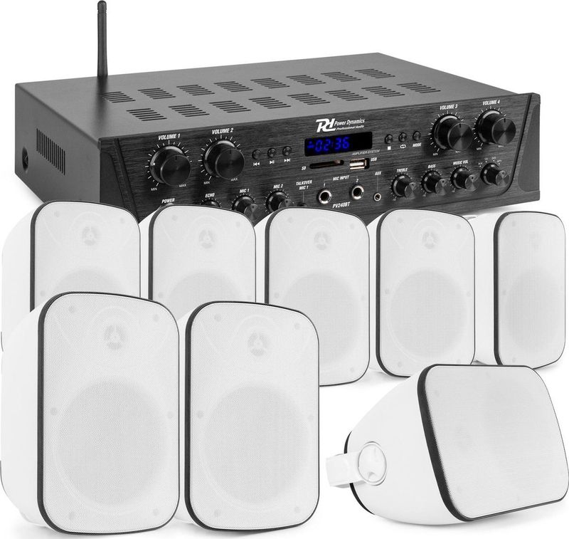 Power Dynamics geluidsinstallatie met PV240BT 4-zone stereo versterker en 8 BD50W in-/outdoor opbouw speakers