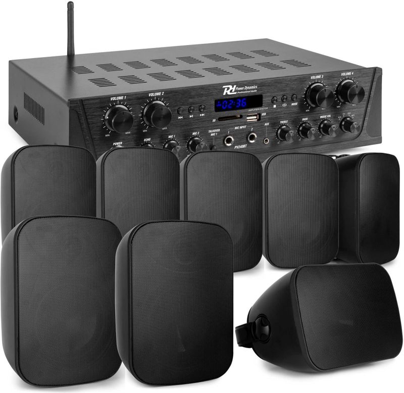 Power Dynamics geluidsinstallatie met PV240BT 4-zone stereo versterker en 8 BD50B in-/outdoor opbouw speakers