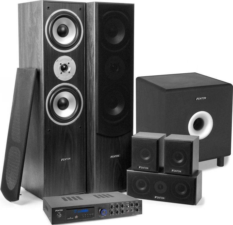 Surround set home cinema - Fenton AV550BT 5.1 versterker met zwarte speakers en actieve subwoofer