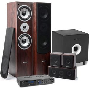 Surround set home cinema - Fenton AV550BT 5.1 versterker met walnoot speakers en actieve subwoofer