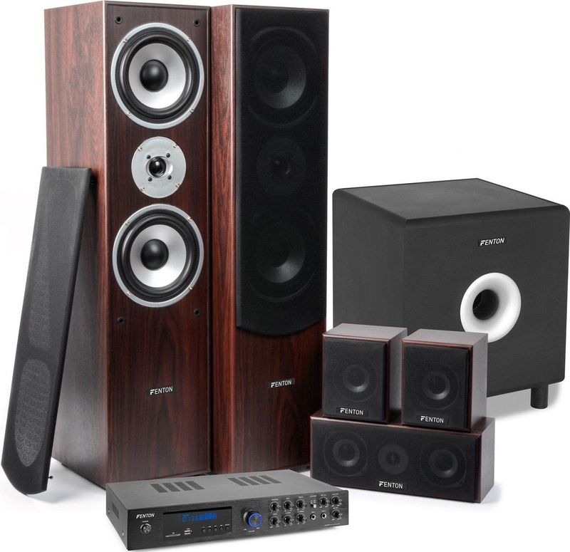 Surround set home cinema - Fenton AV550BT 5.1 versterker met walnoot speakers en actieve subwoofer