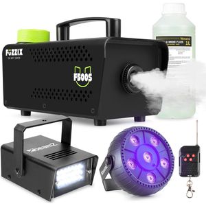 Partyset met Fuzzix F500S Rookmachine - 1L vloeistof - 1x Strobo - 1x Blacklight op accu