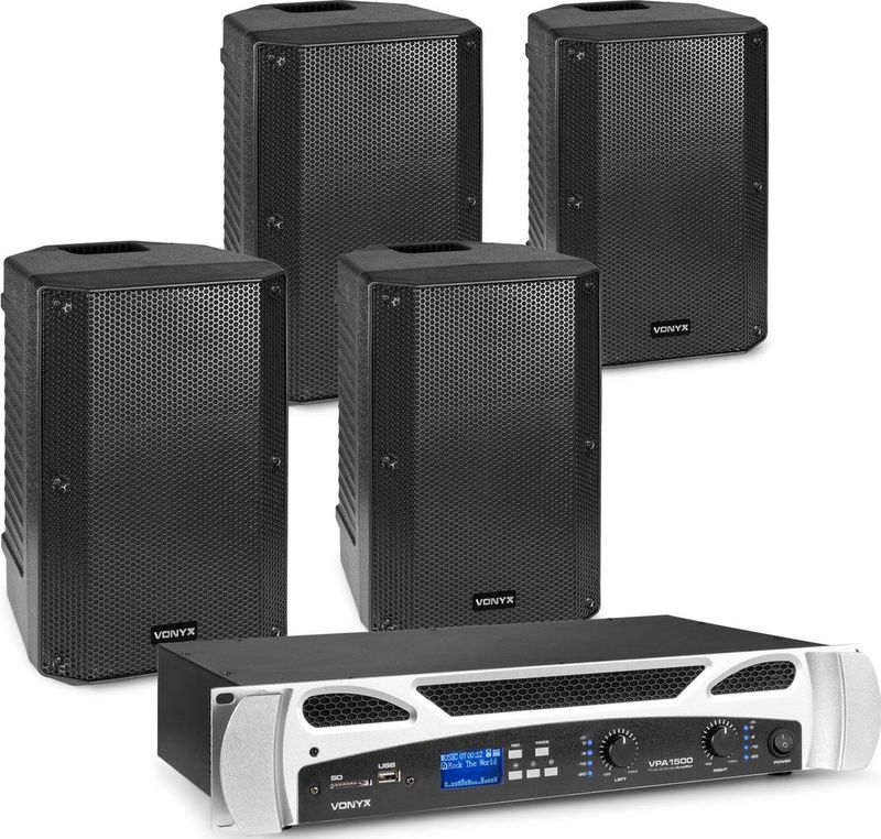 Vonyx set met 4x VSA10P passieve speakers en versterker - Bluetooth - 500W - 10 Inch