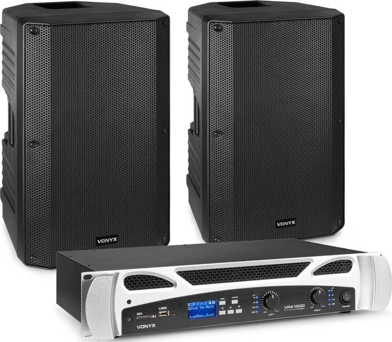 Vonyx set met 2x passieve speakers en versterker - 1000W - 15 Inch - Bluetooth