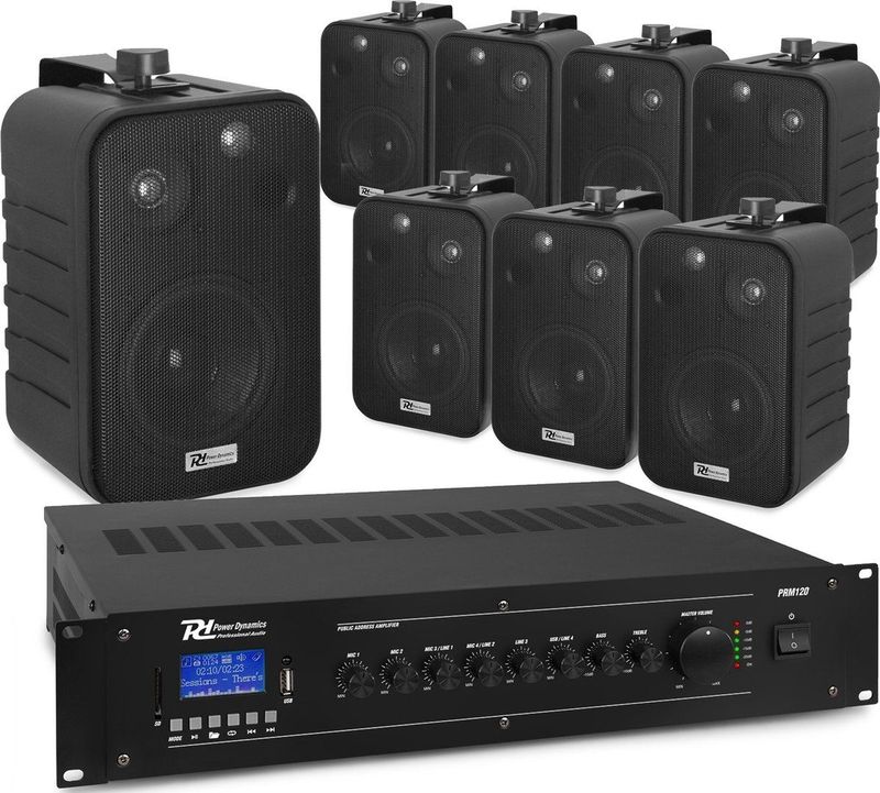 Power Dynamics installatie speakerset - Set van 8 speakers en versterker - Bluetooth - 100V - Zwart