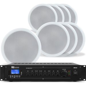 Power Dynamics 100V plafondspeaker set - 8 witte speakers en versterker - met Bluetooth - 120W
