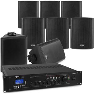 Power Dynamics 100V set voor buitenterras of overkapping - 8 speakers & 4-zone versterker - Bluetooth