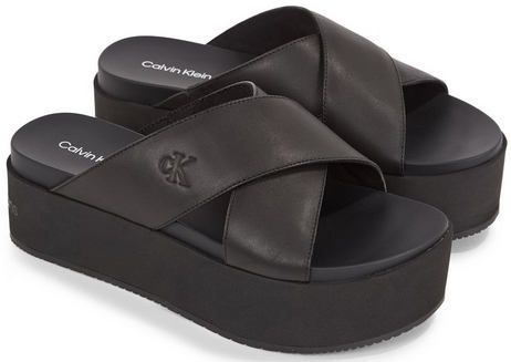 Calvin Klein - Dames - Schoenen - Zwart - Leer - Gekruiste Bandjes - Plateauzool