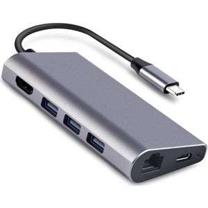 DrPhone 8 in 1 - Thunderbolt 3 - USB C / TYPE C Multi HUB – 3x USB 3.0 – HDMI 4K – SD Kaart + Micro SD – Gigabit Ethernet – Type C Male & Female – Adapter – Grijs